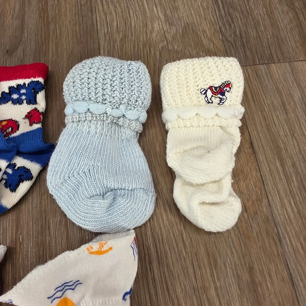 Vtg Baby Boy Sock & Mitten Lot 5 Pairs Dinosaur Nautical Airplane Knit Booties